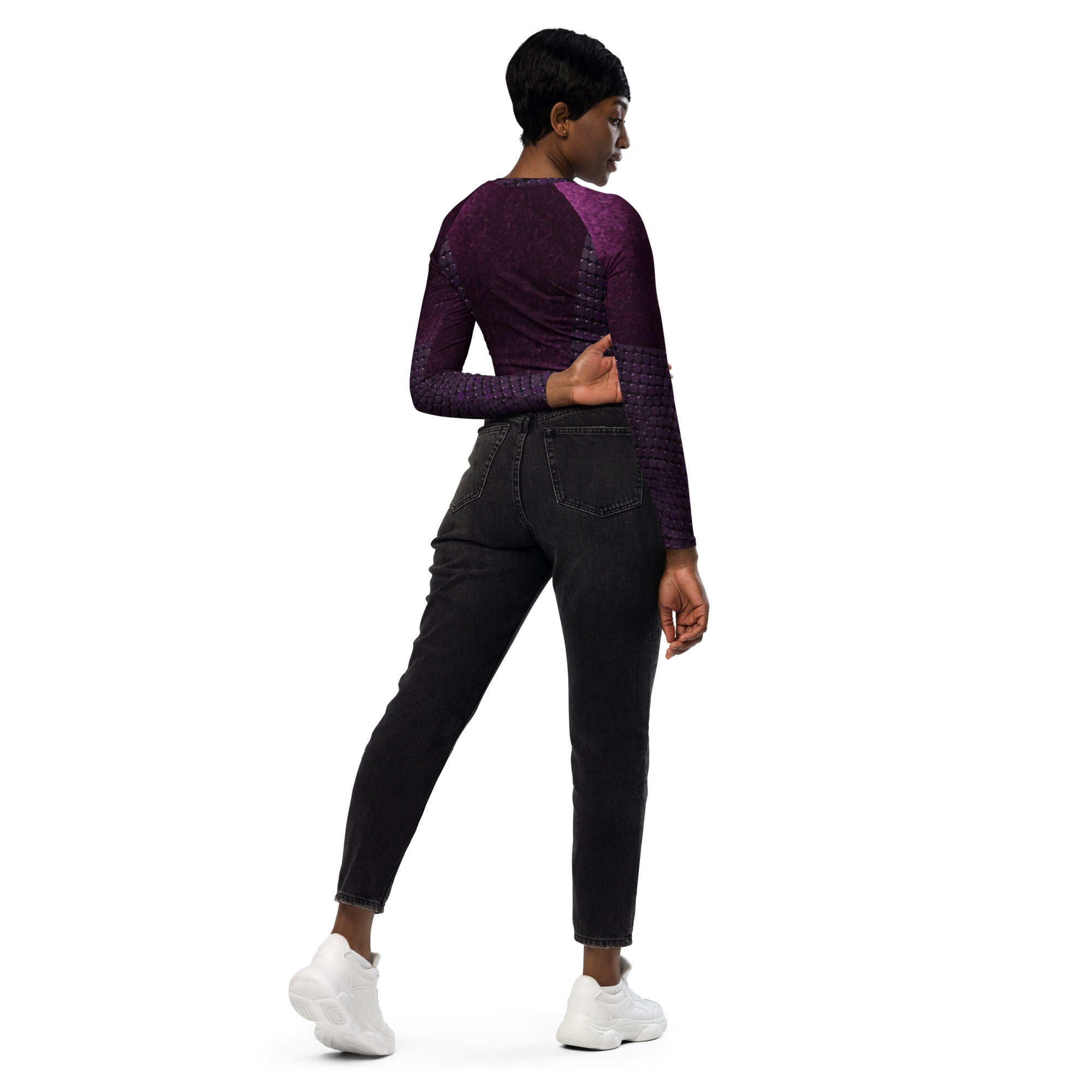 Long-sleeve gym crop top. Ideal fitness top, runner's or yoga top. "Mulberry" by WickedYo.